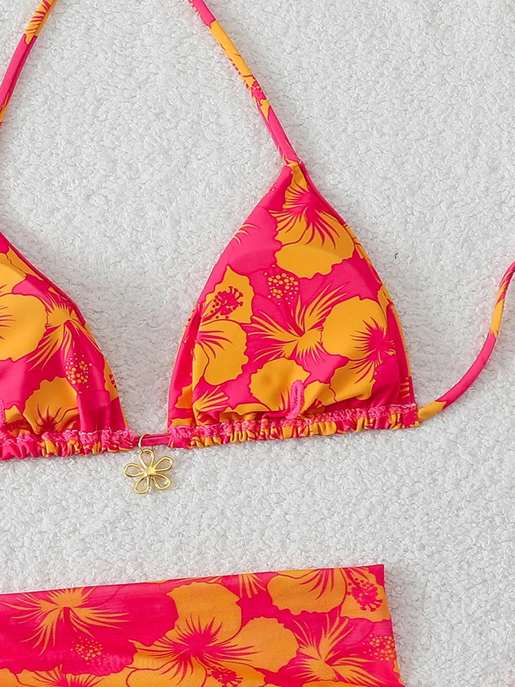 Three-Piece Triangle Bikini Set with Cover-Up