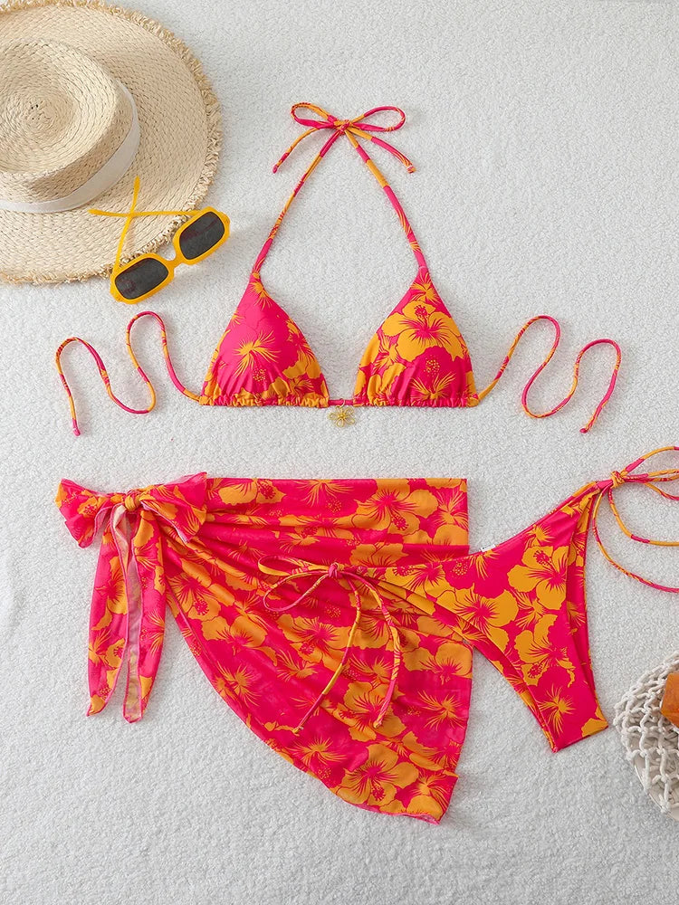 Three-Piece Triangle Bikini Set with Cover-Up