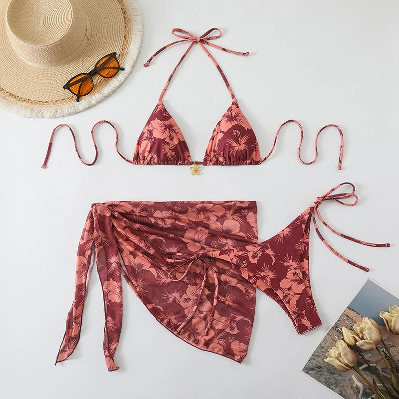 Three-Piece Triangle Bikini Set with Cover-Up