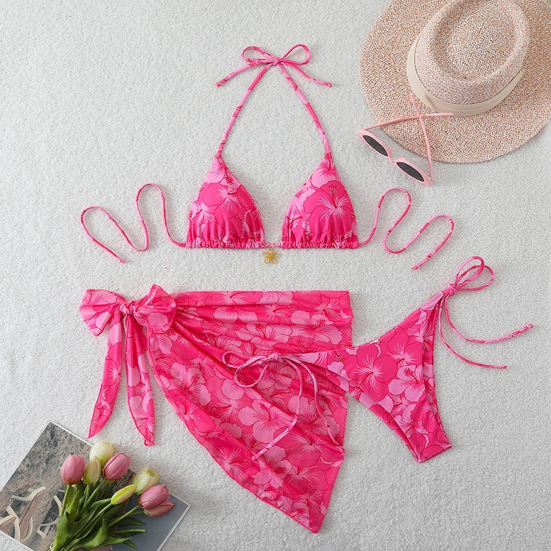 Three-Piece Triangle Bikini Set with Cover-Up