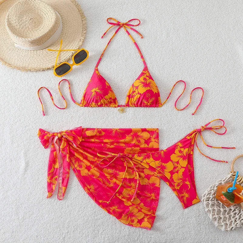 Three-Piece Triangle Bikini Set with Cover-Up