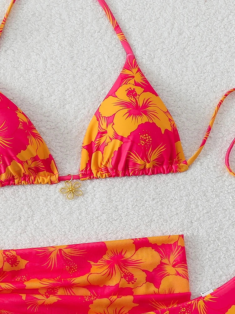 Three-Piece Triangle Bikini Set with Cover-Up
