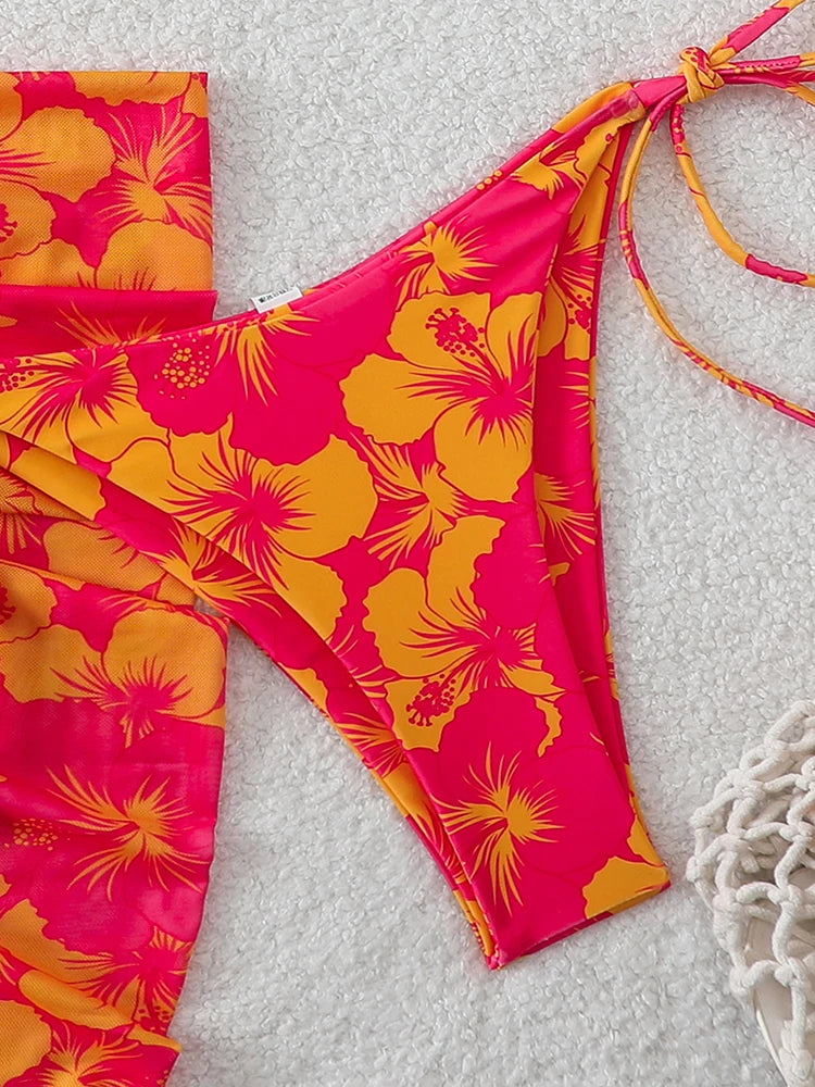 Three-Piece Triangle Bikini Set with Cover-Up
