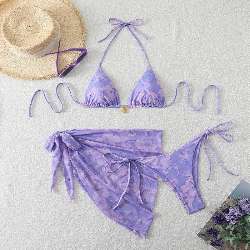 Three-Piece Triangle Bikini Set with Cover-Up