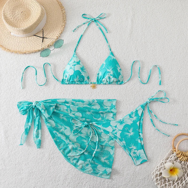 Three-Piece Triangle Bikini Set with Cover-Up