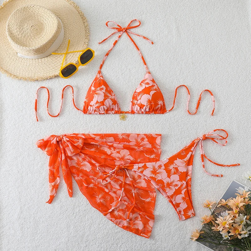 Three-Piece Triangle Bikini Set with Cover-Up