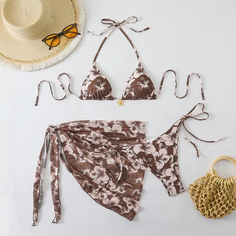 Three-Piece Triangle Bikini Set with Cover-Up