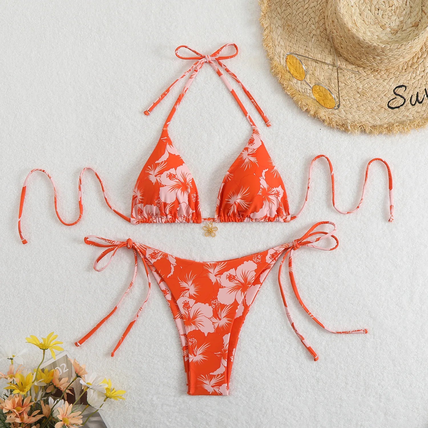 Three-Piece Triangle Bikini Set with Cover-Up