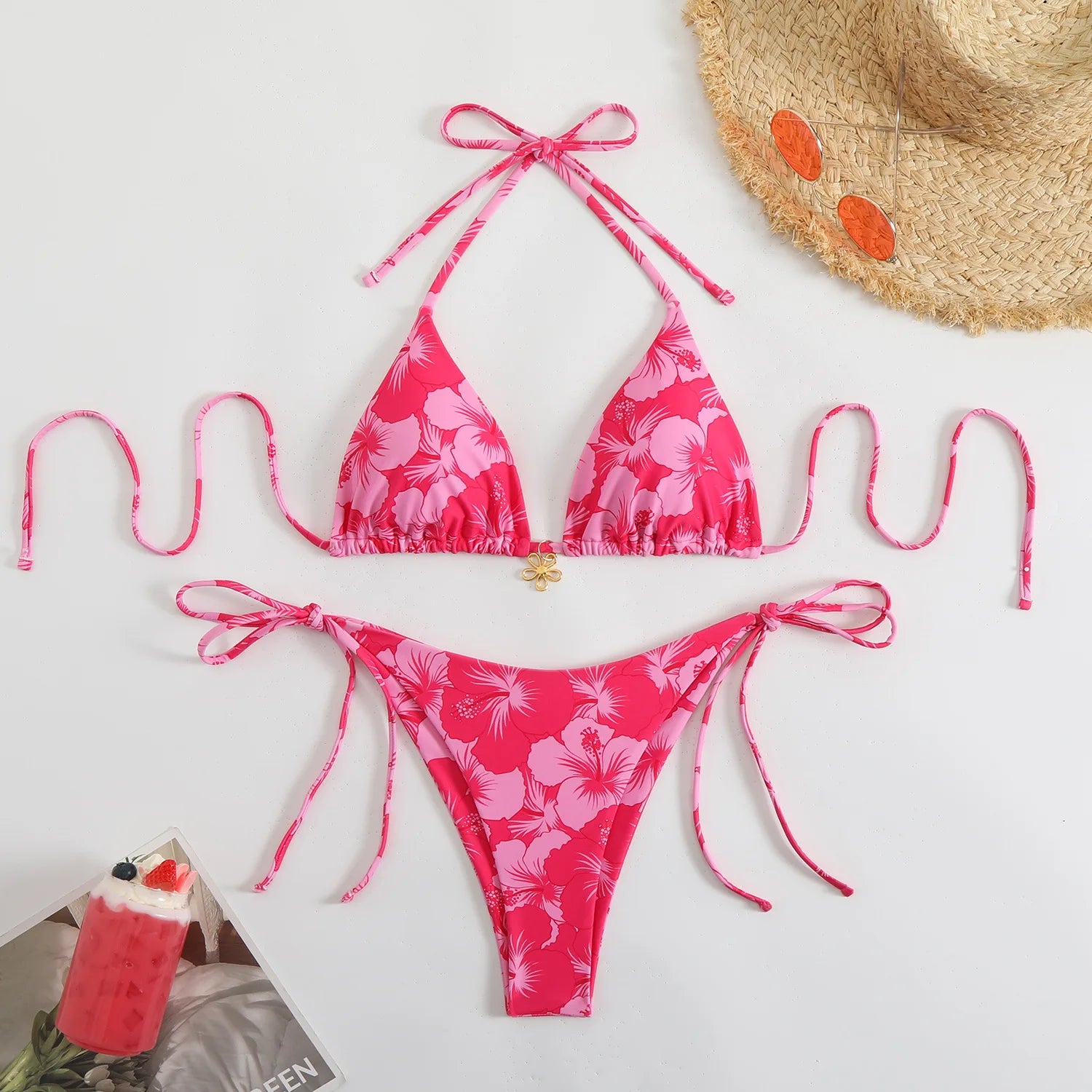 Three-Piece Triangle Bikini Set with Cover-Up