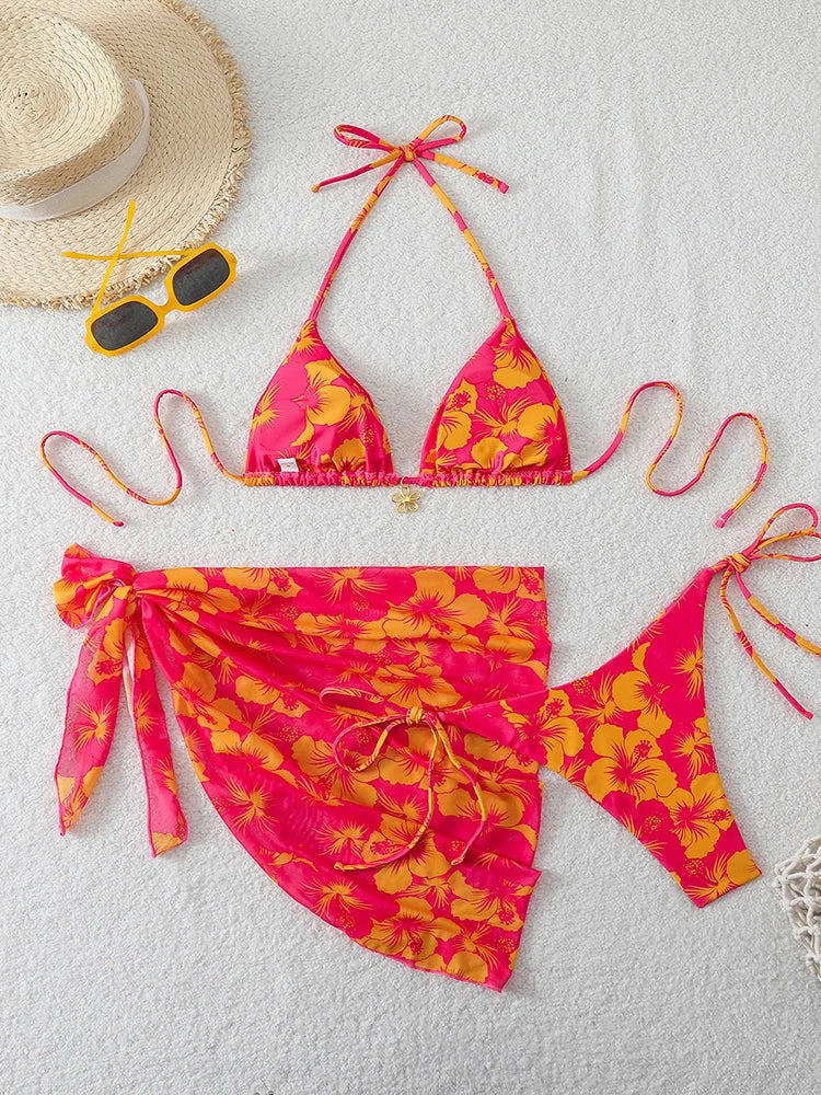 Three-Piece Triangle Bikini Set with Cover-Up